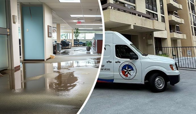 Collage of flooded office lobby and fire reconstruction van