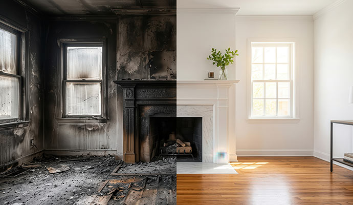 Collage of a room before and after fire damage restoration service
