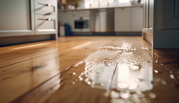 Water damaged kitchen floor due to plumbing leak
