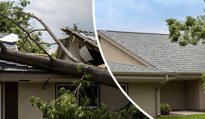 Collage of before and after storm damage restoration service