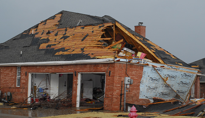 Severely damaged roof due to tropical storm