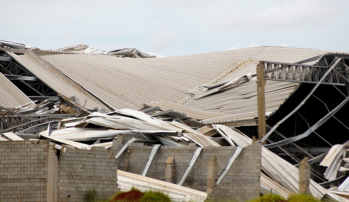 Severely storm damaged commercial building
