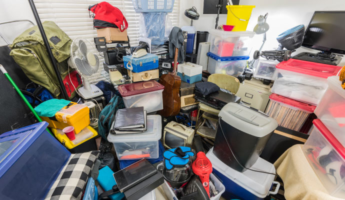 Storage room with extreme clutter and bins