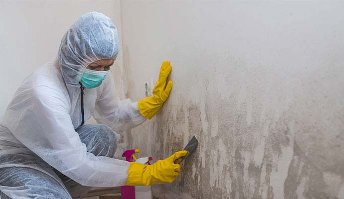 Technician removing black mold from wall