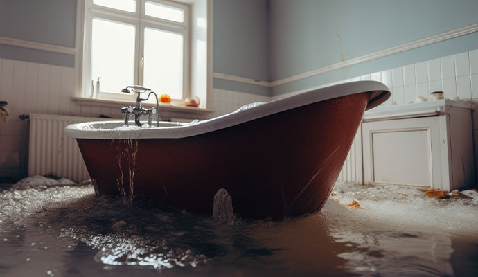 A large bathtub overflowing with water and soap suds