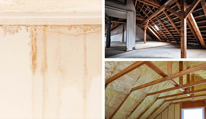 Collage of water damage to walls, attic and insulation