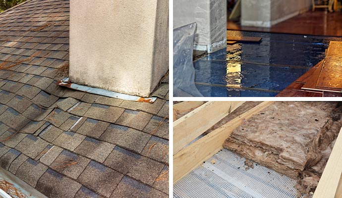 Collage of water damaged roof, floor and wet insulation
