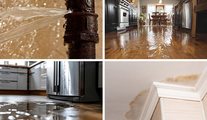 Collage of water pipe break, appliance leak, flood damage, and water stained ceiling