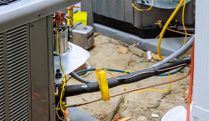 Outdoor HVAC unit discharge lines and wiring