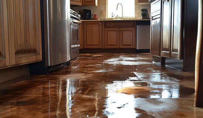 Water damaged kitchen floor due to appliance leak