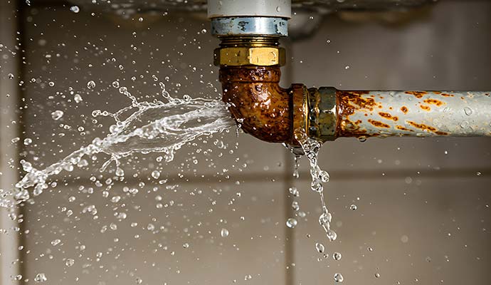Water leaking from a corroded pipe elbow