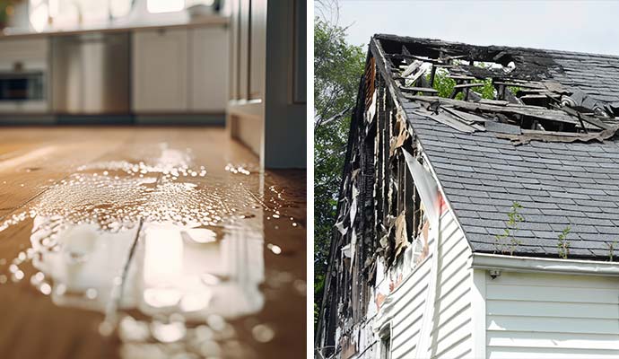 Collage of water damaged wooden floor and fire damaged house