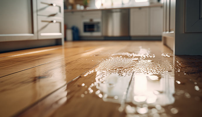 Water damaged wooden floor due to plumbing leak